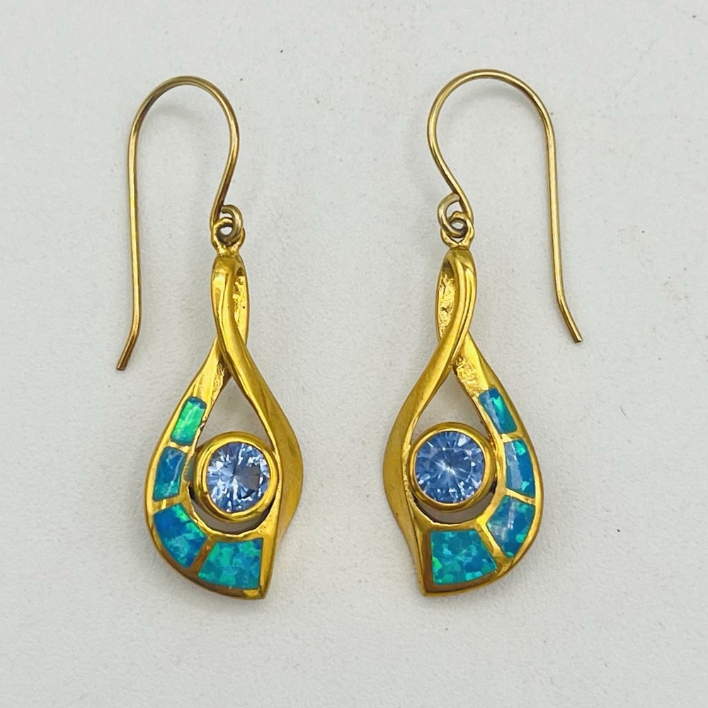 Blue Fire Opal Gold Dangle Drop Earrings Blue Topaz Signed MF